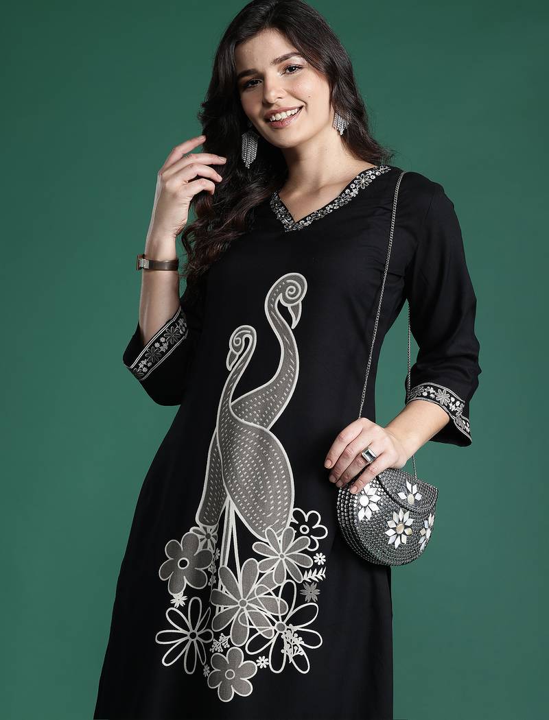 Black embroidered viscose rayon kurta trouser set