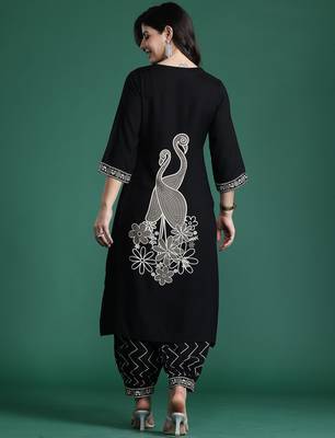 Black embroidered viscose rayon kurta trouser set 2