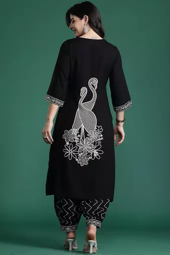 Black embroidered viscose rayon kurta trouser set
