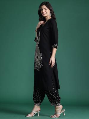 Black embroidered viscose rayon kurta trouser set 3