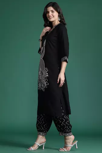 Black embroidered viscose rayon kurta trouser set