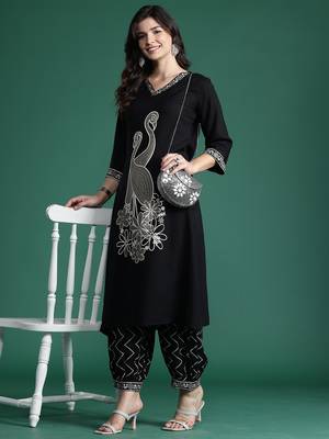 Black embroidered viscose rayon kurta trouser set 4