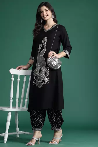 Black embroidered viscose rayon kurta trouser set