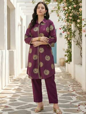 Wine printed pure cotton kurta trouser set 1