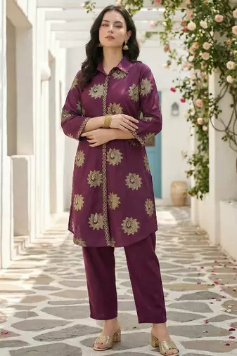 Wine printed pure cotton kurta trouser set