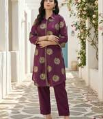 Wine printed pure cotton kurta trouser set