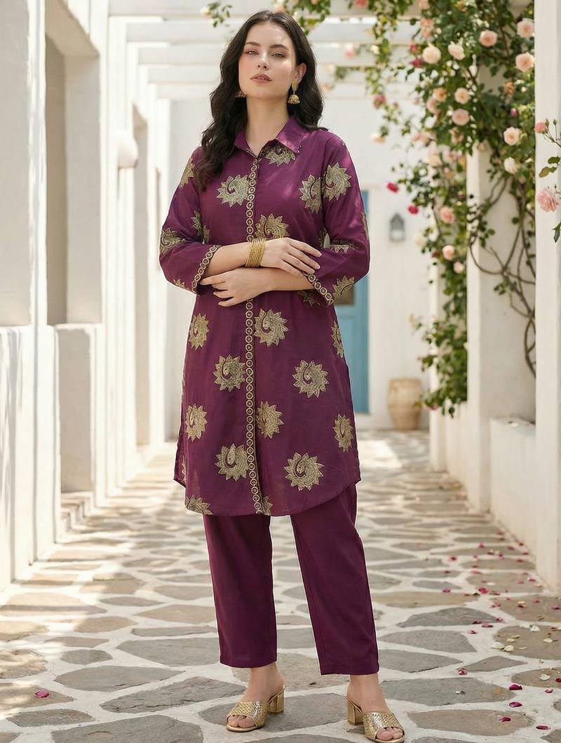 Wine printed pure cotton kurta trouser set