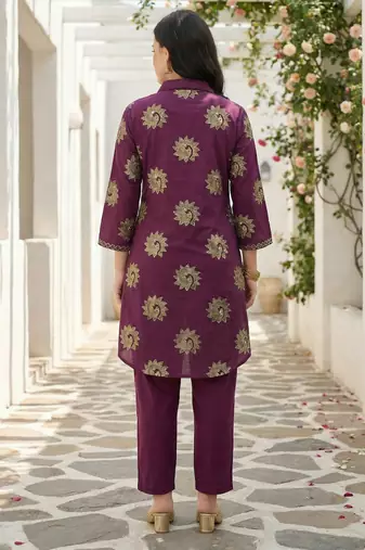 Wine printed pure cotton kurta trouser set