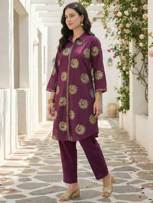 Wine printed pure cotton kurta trouser set 3