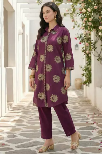Wine printed pure cotton kurta trouser set