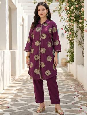 Wine printed pure cotton kurta trouser set 4