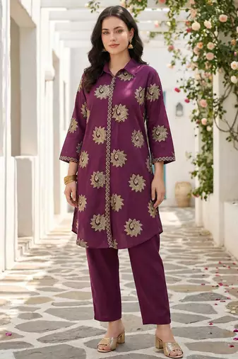 Wine printed pure cotton kurta trouser set