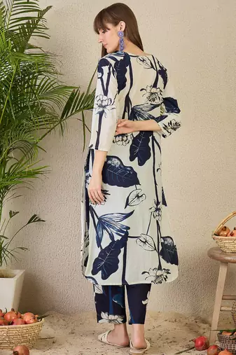 White printed pure cotton kurta trouser set