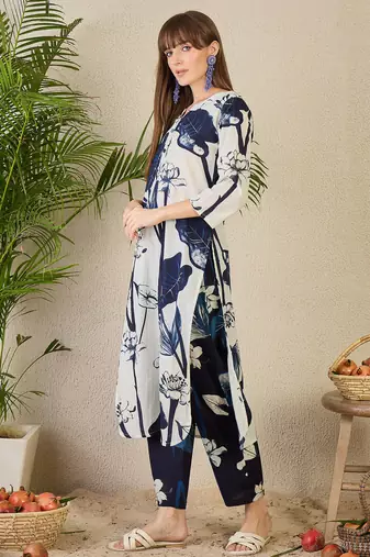 White printed pure cotton kurta trouser set