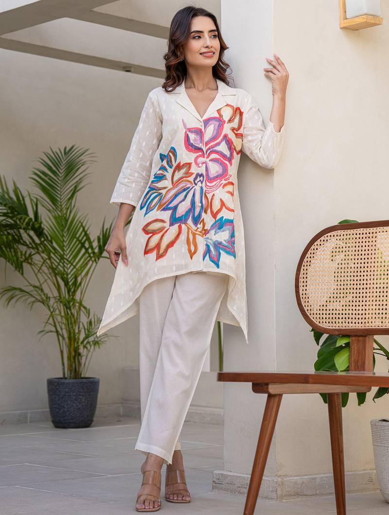 Off white printed pure cotton kurta trouser set