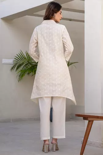 Off white printed pure cotton kurta trouser set