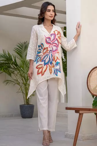 Off white printed pure cotton kurta trouser set