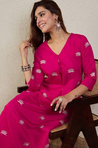 Pink embroidered silk kurta trouser set