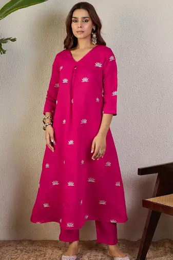 Pink embroidered silk kurta trouser set