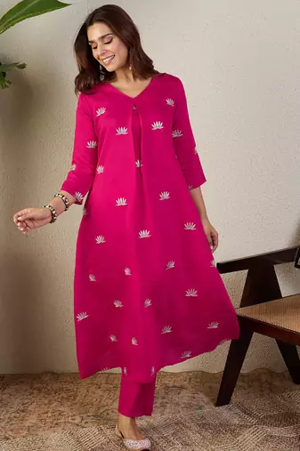Pink embroidered silk kurta trouser set