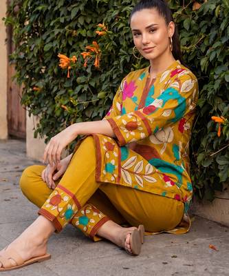 Mustard printed pure cotton kurta trouser set 1