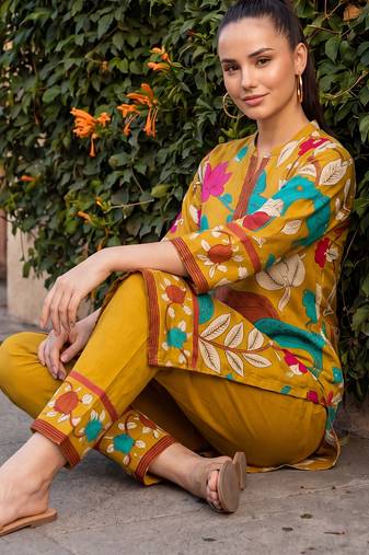 Mustard printed pure cotton kurta trouser set