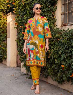 Mustard printed pure cotton kurta trouser set 2
