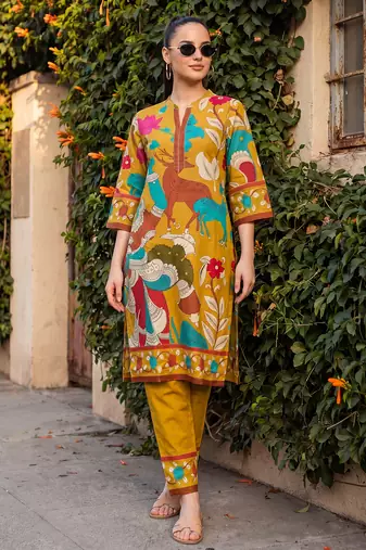 Mustard printed pure cotton kurta trouser set