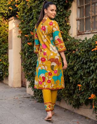 Mustard printed pure cotton kurta trouser set 3