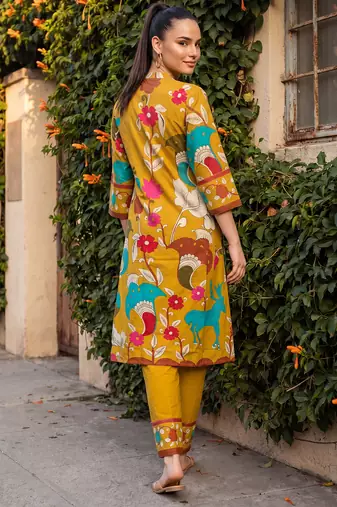 Mustard printed pure cotton kurta trouser set
