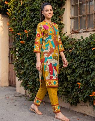Mustard printed pure cotton kurta trouser set 4