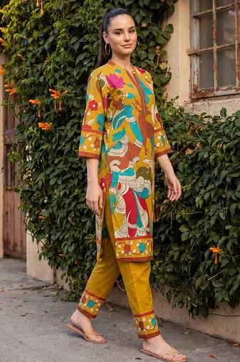 Mustard printed pure cotton kurta trouser set