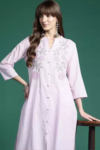Lavender embroidered pure cotton kurta trouser set