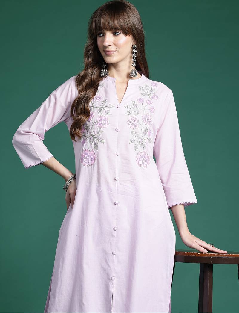 Lavender embroidered pure cotton kurta trouser set