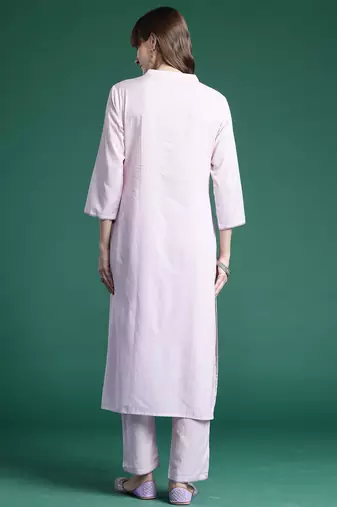 Lavender embroidered pure cotton kurta trouser set