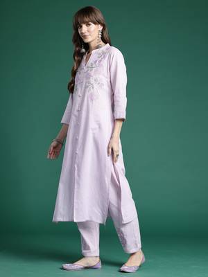 Lavender embroidered pure cotton kurta trouser set 3