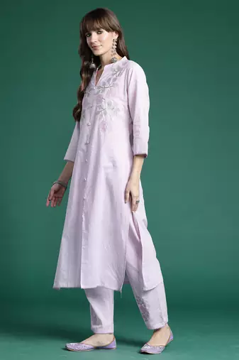 Lavender embroidered pure cotton kurta trouser set