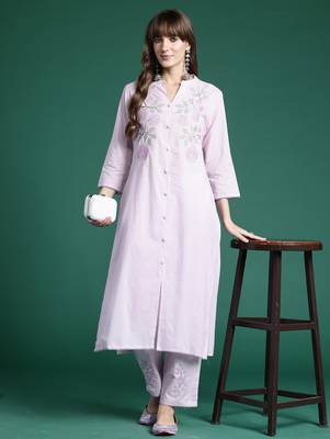 Lavender embroidered pure cotton kurta trouser set 4
