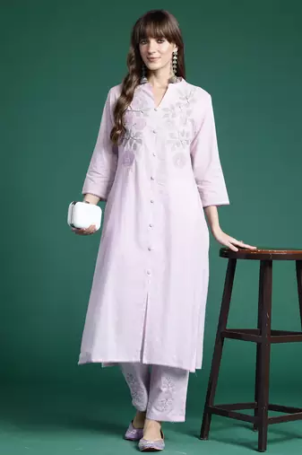 Lavender embroidered pure cotton kurta trouser set