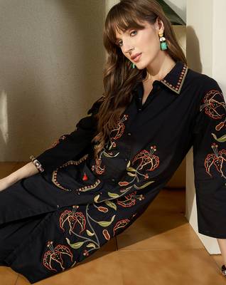 Black embroidered pure cotton kurta trouser set 1
