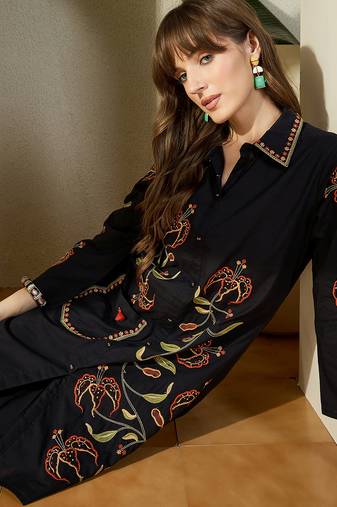 Black embroidered pure cotton kurta trouser set