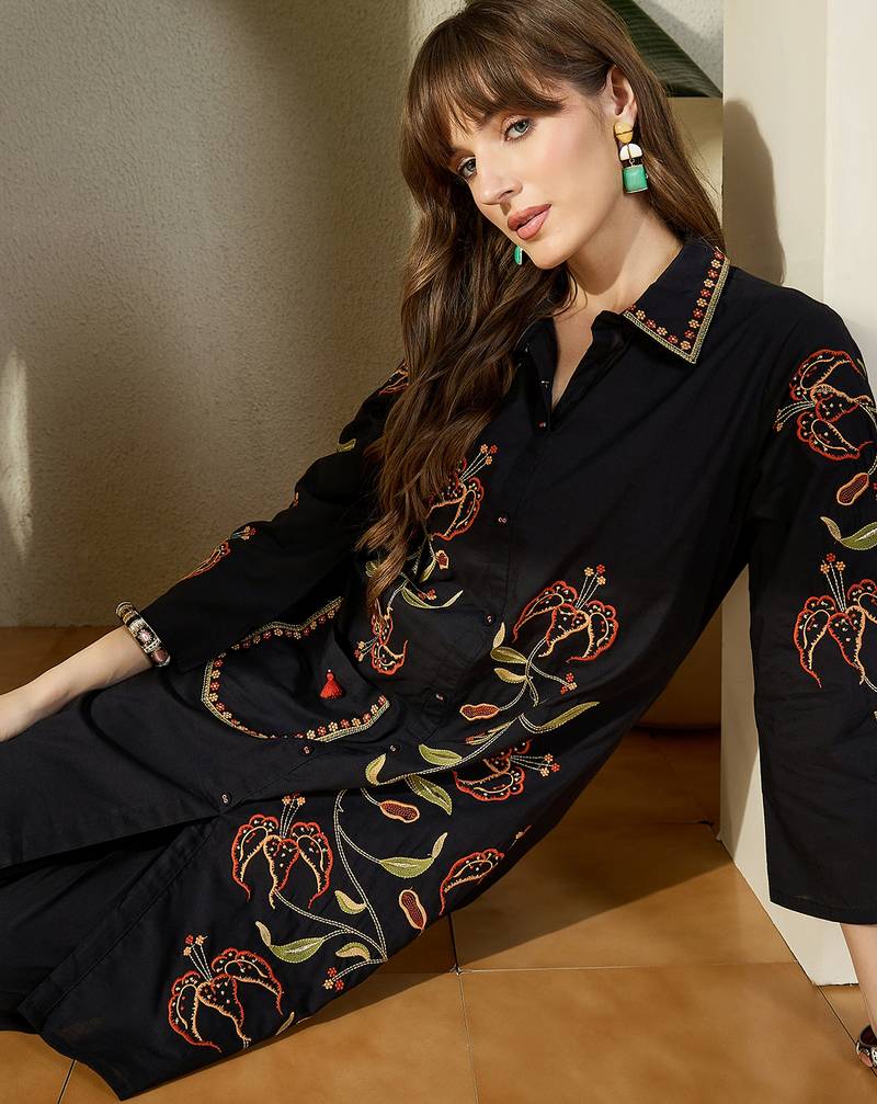 Black embroidered pure cotton kurta trouser set