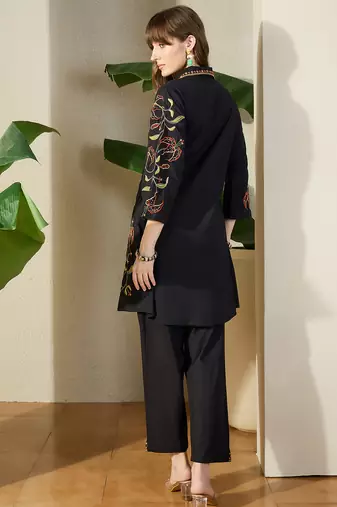 Black embroidered pure cotton kurta trouser set