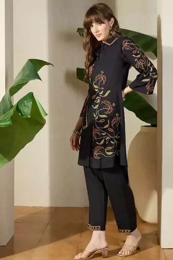 Black embroidered pure cotton kurta trouser set