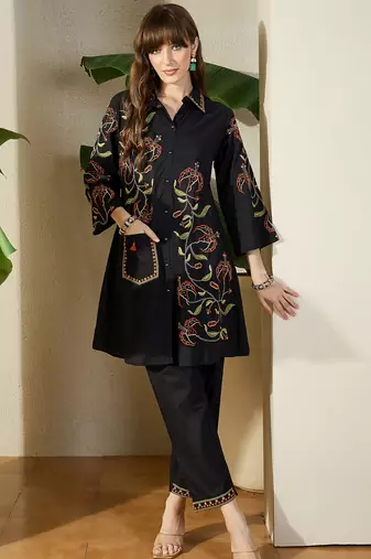 Black embroidered pure cotton kurta trouser set