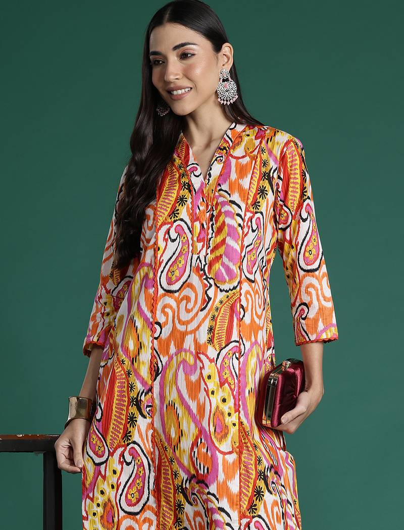 Multicolor printed pure cotton kurta trouser set