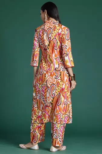 Multicolor printed pure cotton kurta trouser set