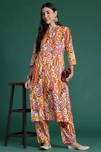 Multicolor printed pure cotton kurta trouser set