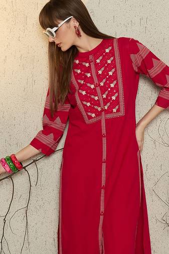 Pink embroidered pure cotton kurta trouser set