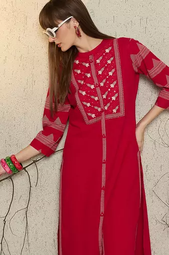 Pink embroidered pure cotton kurta trouser set